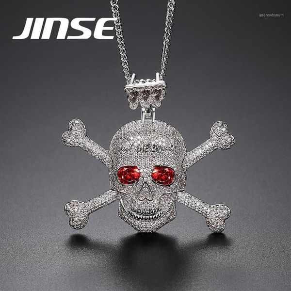 JINSE Voller Strass Punk Rot CZ Stein Skeleton Schädel Anhänger Halsketten für Männer Gold Farbe Hip Hop Schmuck Geschenk Seil kette 1286V