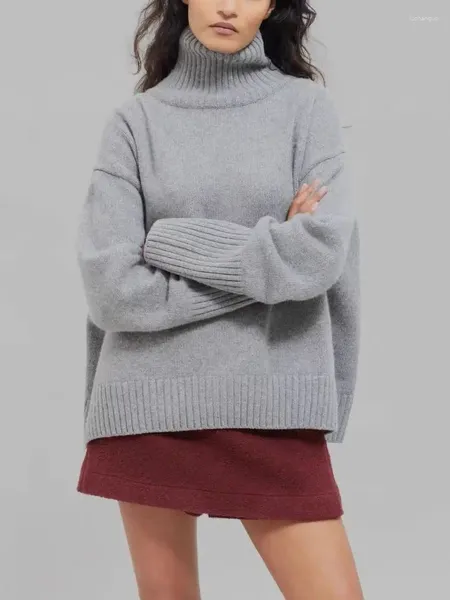 Suéter feminino de gola alta, suéter de malha com ombro caído e dividido, manga comprida, solto, pulôver tops