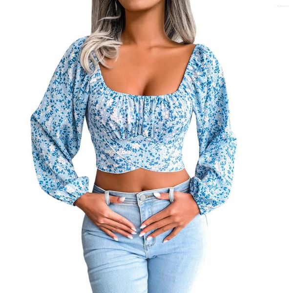 Frauenblusen Frauen elegant Top Resort Style Shirt Langarm sexy Tops Blumen Chiffon Shirts Quadratkragen Crop Camisas Blusas