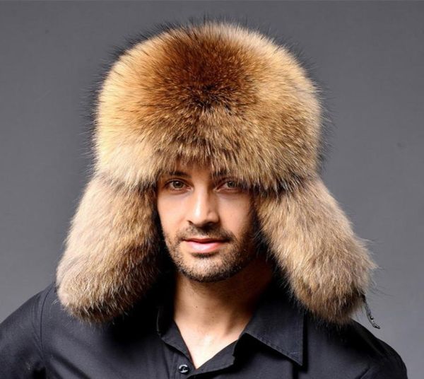 2021 russo cappello bomber in pelle da uomo cappelli invernali con paraorecchie trapper paraorecchie berretto uomo procione naturale calda pelliccia di volpe spessa nero nuovo3407892