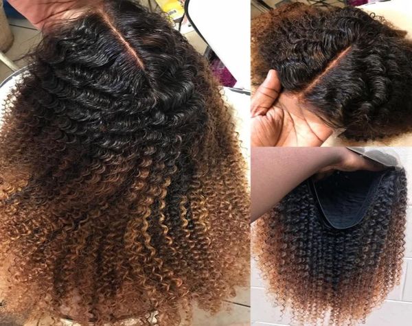 1b30 ombre kinky encaracolado peruca para mulheres brasileiras 4x4 fechamento do laço perucas afro onda virgem cabelo humano arrancado com cabelo do bebê 150 densi5201855