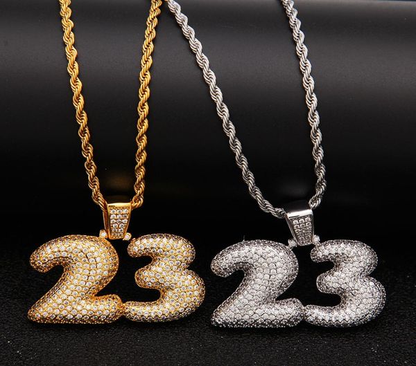 Collana con pendente personalizzato da uomo con lettera a bolle numero 23 Collana con pendente Hip Hop completamente ghiacciato Cubic Zirconia in oro CZ Stone2746897