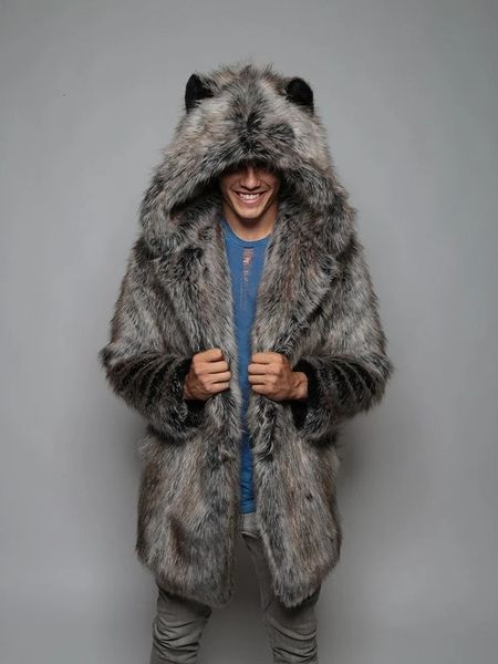 Winter Faux Fuchs Pelz Mantel Winter Männer Dicke Kapuze Ohren Taschen Flauschigen Langarm Warme Oberbekleidung Luxus Pelz Jacke Bontjas herren 231226