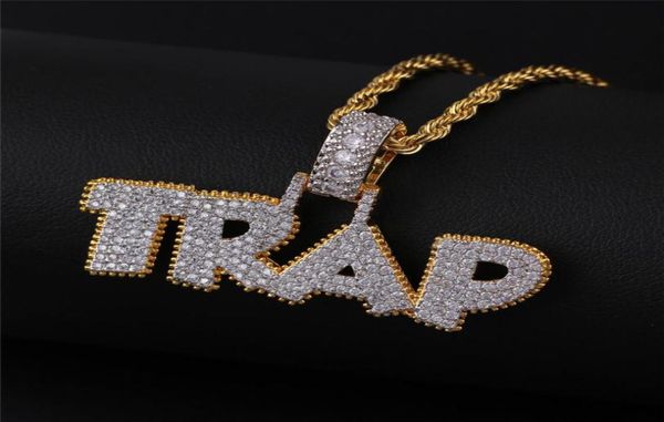 Collana con ciondolo TRAP CZ TRAP color oro giallo con catena in corda da 24 pollici per gioielli rapper da uomo2411901