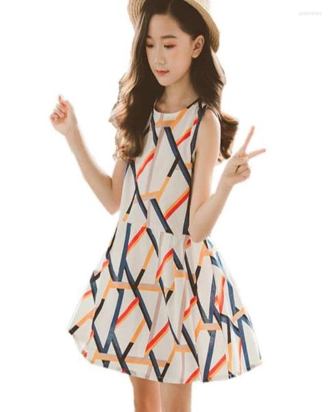 Платья для девочек, детское летнее платье без рукавов с геометрическим узором для девочек, нарядная хлопковая одежда с круглым воротником для подростков от 4 до 13 лет3016520