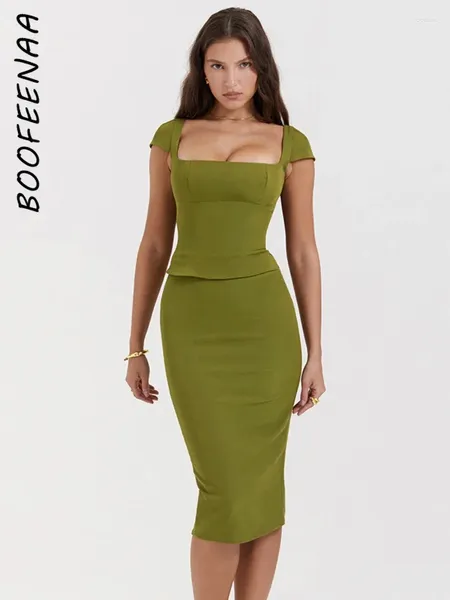 Abiti da lavoro BOOFEENAA Set da due pezzi Abbigliamento donna Abiti eleganti sexy verdi Abiti midi Abiti scollo quadrato Crop Top Gonna Set C15-BH20