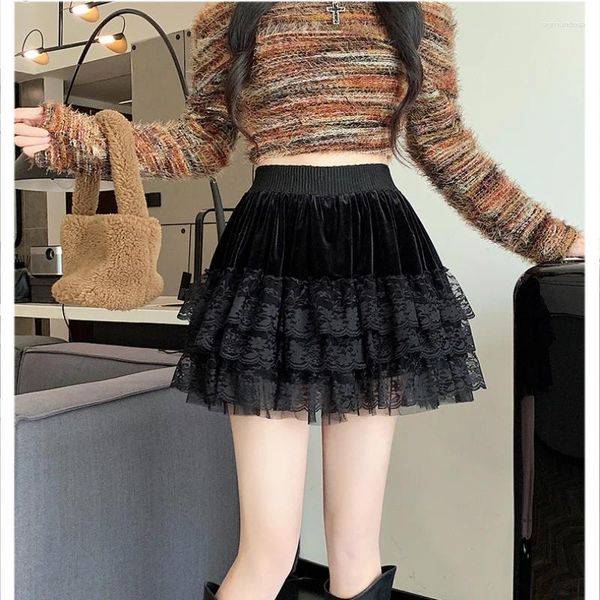 Saias Lace Velvet Mini Tulle Saia Mulheres Cintura Elástica Bolo Vintage Patchwork Estilo Coreano Roupas Drop