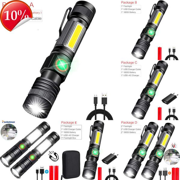 Neue tragbare Laternen, Pocketman LED wiederaufladbare Taschenlampe, superhelle magnetische Taschenlampe mit COB-Arbeitslicht, wasserdichte Taschenlampe, taktische Taschenlampe