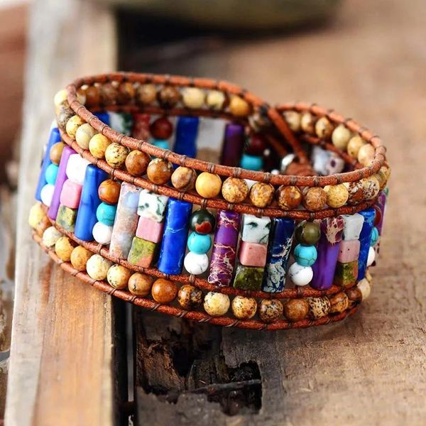 Pulseira excelente feminina pulseiras pedras naturais tubo envoltório de couro pulseira semipreciosa pedra frisada manguito pulseira dropshipping