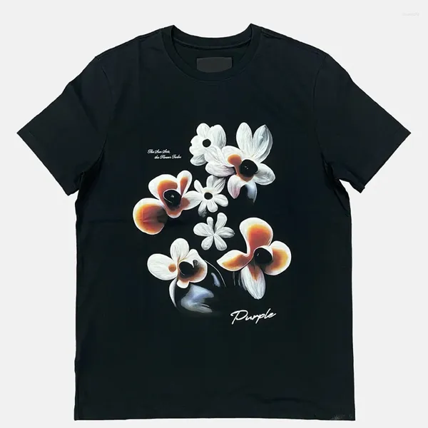 T-shirt da uomo T-shirt viola vestibilità regolare girocollo in tessuto di cotone jacquard T-shirt nera classica con fiori larghi