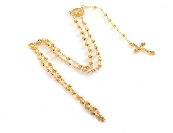 Colares com pingente!! Deusa católica de jesus 18k banhado a ouro na moda longo rosário colar para homens mulheres 4mm contas joias da moda.12942480