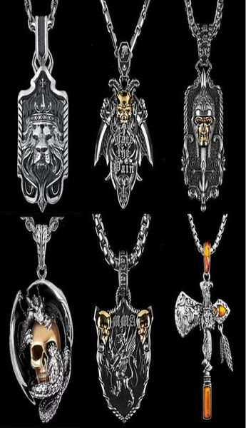 Vintage Silver Color Lion Lion Dragon Axt Anhänger Punk Domineering 3D Schädel Statement Halsketten für Frauen Männer Viking Juwelry2966737
