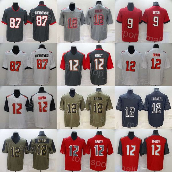 Uomo Calcio 9 Joe Tryon-Shoyinka Maglie 12 Tom Brady 87 Rob Gronkowski Nero Rosso Bianco Grigio Verde militare Saluto al servizio Gira indietro l'orologio Ricamo per gli appassionati di sport