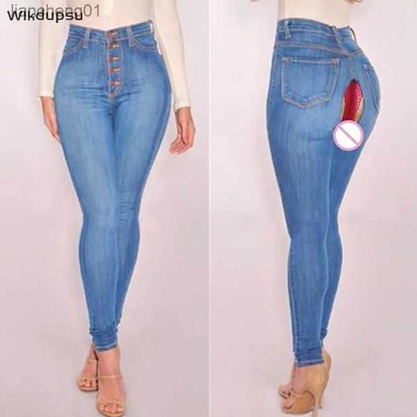 Jeans Moda Jeans a vita alta Pantaloni skinny da donna Pantaloni in denim con apertura sul cavallo Lingerie Outddor Sesso pubblico segreto Jeans Abbigliamento femminile L2