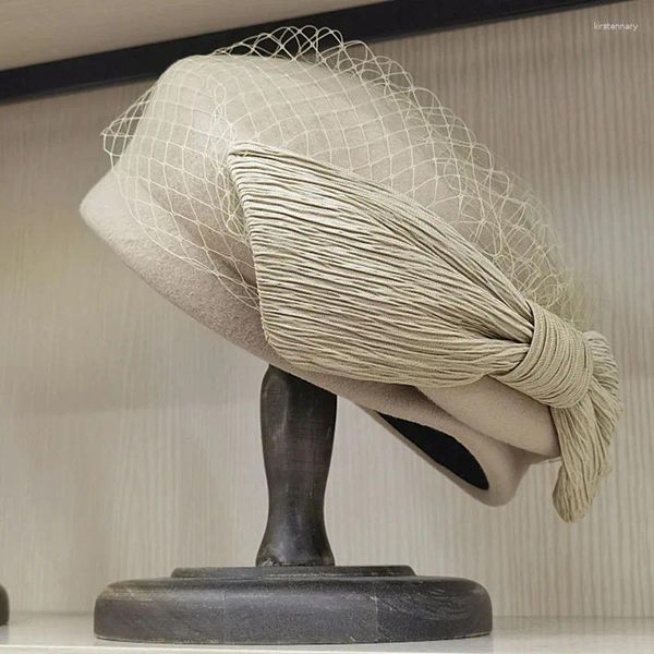 Berets Französisch Baskenmütze Hut Für Frauen Winter Hüte Schleier Netting Schleife Fascinator Damen Hochzeit Party Fedora