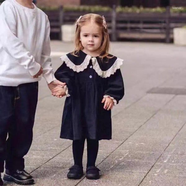 Vestidos de menina meninas casual flor borda colar sólido primavera outono coreano crianças manga comprida estilo princesa renda algodão