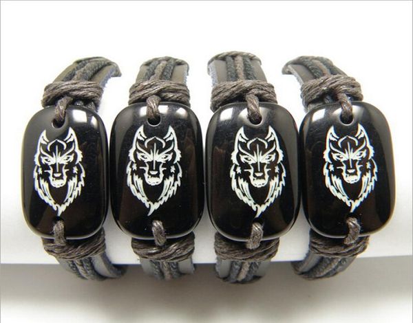 Gioielli Interi 12 pz Imitazione Yak osso Resina Intagliata Totem Testa di Lupo Bracciale In Pelle braccialetti Amuleto Regalo MB036207696