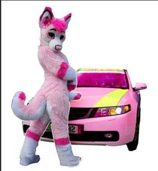 Costumi 2019 Vendita diretta in fabbrica Il costume della mascotte del cane volpe rosa Husky sexy si adatta al vestito operato dalla pelliccia lunga per adulti