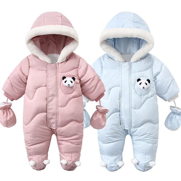 Winter geboren Baby Strampler Warm Panda Junge Overall mit Handschuhen Baumwolle Plus Samt Säuglingskleidung Mit Kapuze Baby Mädchen Kleidung 0-18 Mt 231225