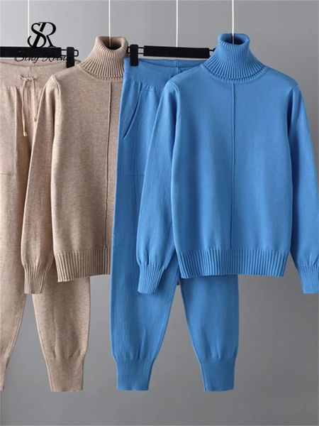 SINGREINY женские повседневные костюмы из двух предметов, водолазка, теплый свитер, шаровары, длинные брюки, женские свободные зимние модные толстые свитера, комплекты 231225