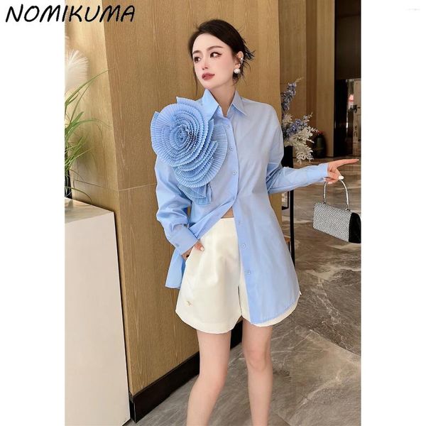 Женские блузки Nomikuma, модная блузка с длинным рукавом с 3D цветком, женские корейские рубашки 2023, повседневные элегантные топы с отложным воротником Camisas De Mujer