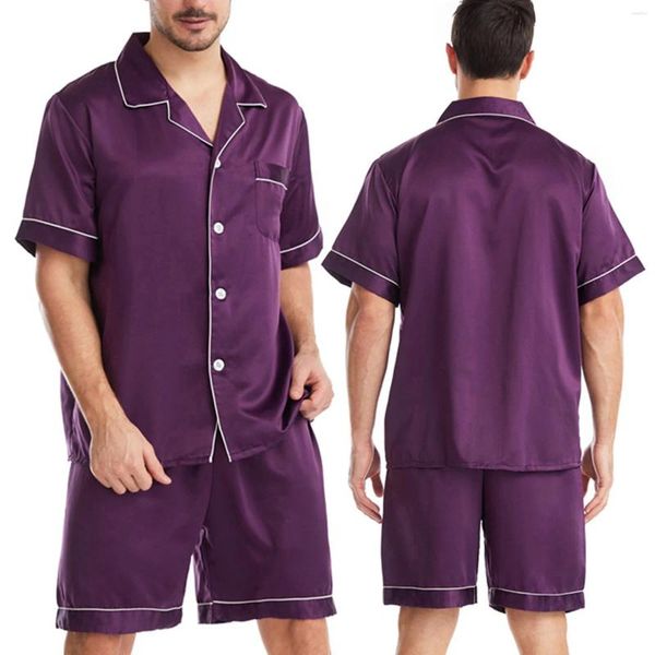 Erkekler Sweetwear Saten İki Parçalı Pijama Set Mens Düz Yumuşak Pürüzsüz T-Shirts Şort Kısa Kollu Pantolon Adam Gece Giyim