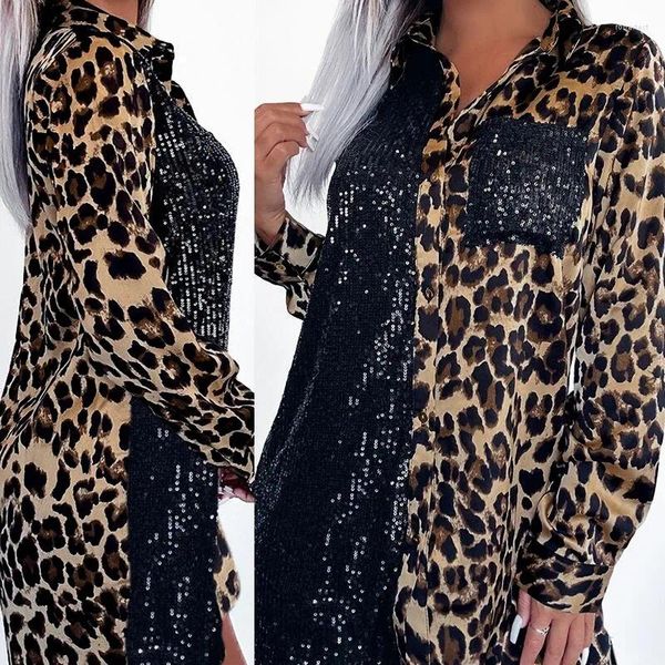 Casual Kleider Kontrast Pailletten Leopard Print Satin Hemd Kleid Elegante Party Frühling Herbst Streetwear Y2k Shirts Vestidos