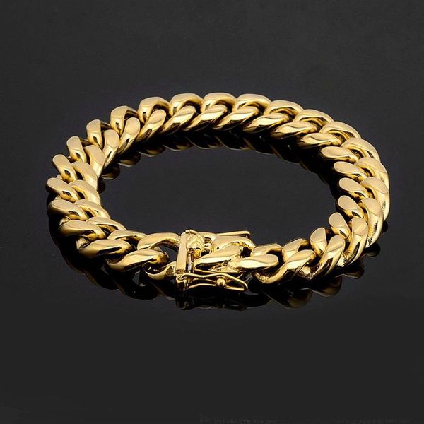 Homens Mulheres Pulseira de Aço Inoxidável Alta Polido Miami Cuban Curb Chain Pulseiras Duplas Fechos de Segurança Aço Dourado 8mm 10mm 12mm 142139