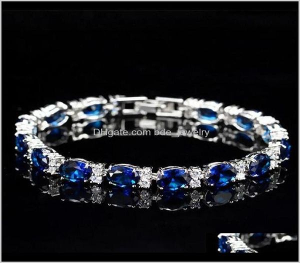 Pulseiras Jóias Victoria Luxo Jóias Marca 925 Sterling Sier Oval Cut Azul Safira Cz Diamante Ruby Mulheres Pulseira De Casamento For4349165