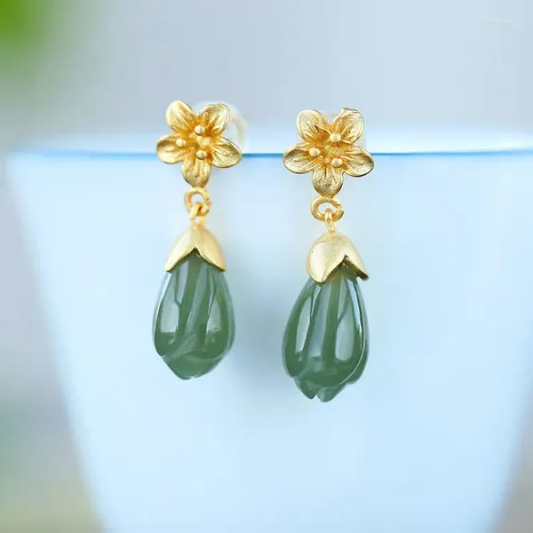 Baumelnde Ohrringe, natürliche Hetian-Jade, Magnolie, Sterlingsilber, S925, Blume, lang, temperamentvoll, Fee, alter Stil, super Wo