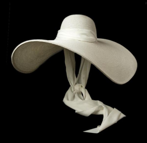 Hüte mit breiter Krempe für Damen, Weiß, 25 cm, übergroß, Sonne, weiche Seidenband-Krawatte, Floppy, riesiger Strand-Strohhalm, Sommer-Kuntucky-Derby-Kappe TSPG286x7224929