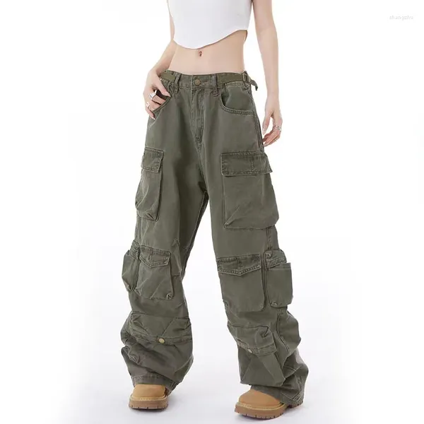 Calças femininas algodão retro carga mulheres y2k cintura alta oversized baggy bolsos largas calças bf americano hip hop streetwear