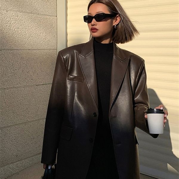 Lautaro осень черный коричневый мягкий пиджак из искусственной кожи женский однобортный с длинным рукавом свободный повседневный пиджак с подплечниками корейская мода 231225