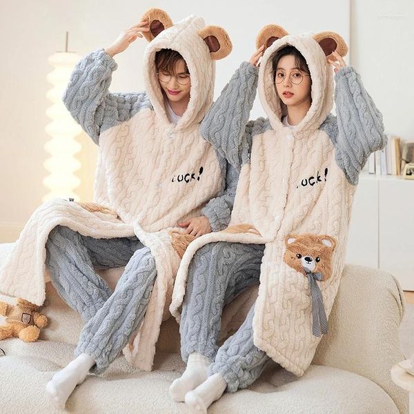 Indumenti da notte da uomo 2024 Con cappuccio Coppie Pigiama Set Donna Uomo Inverno Addensare 2 pezzi Pigiama Coreano Homewear Caldo Pijama Felpe con cappuccio