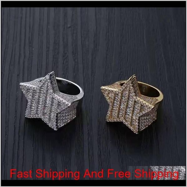 Iced Out Star Anéis Para Homens Designer de Luxo Mens Bling Diamante Estrelas Anel Cobre Zircão 18 K Banhado A Ouro Anéis de Noivado de Casamento 52303