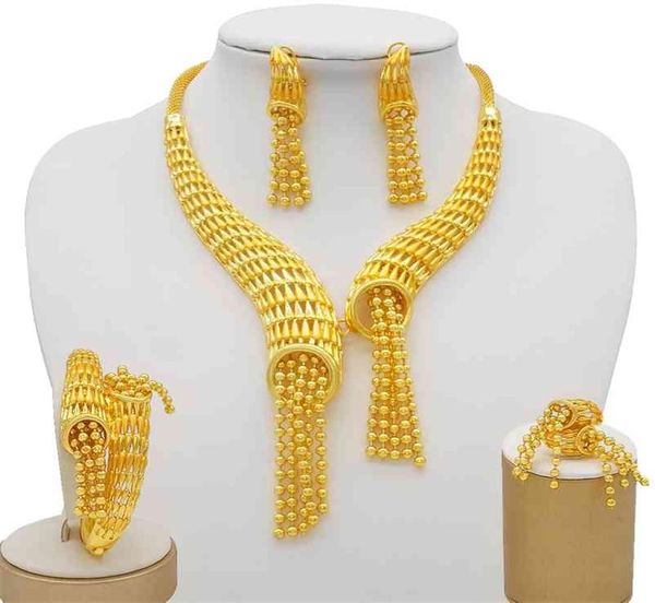 24K Gold Farbe Schmuck Sets für Frauen Braut Luxus Halskette Ohrringe Armband Ring Set Indische Afrikanische Hochzeit Feine Geschenke 2107208712121