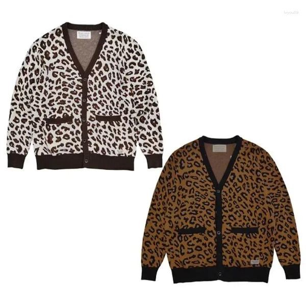 Sweaters masculinos de alta qualidade leopardo wacko maria botão de botão de suéter masculino homem grande tigre jacquard