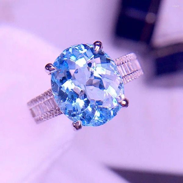 Anéis de cluster E2023 Anel Aquamarine Fine Jewelry Pure 18K Ouro Natural 4.1ct Pedras Preciosas Azuis Presentes de Aniversário