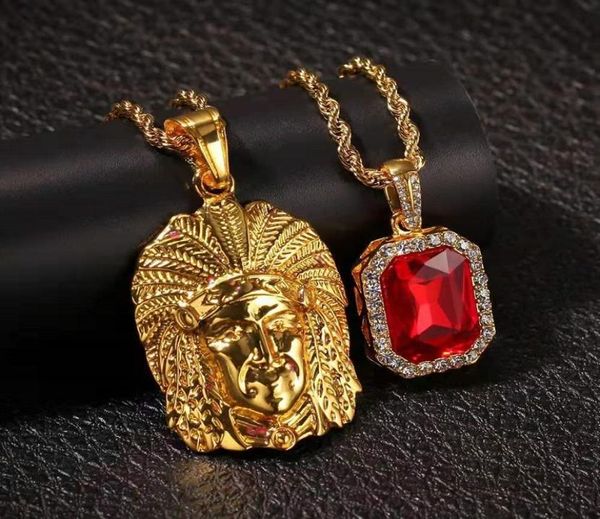 Iced Out Indian Chief красный драгоценный камень кулон ожерелье комплект ювелирных изделий для мужчин роскошный дизайнер мужские драгоценные камни bling бриллиантовые подвески 24 30 дюймов 3m4297017