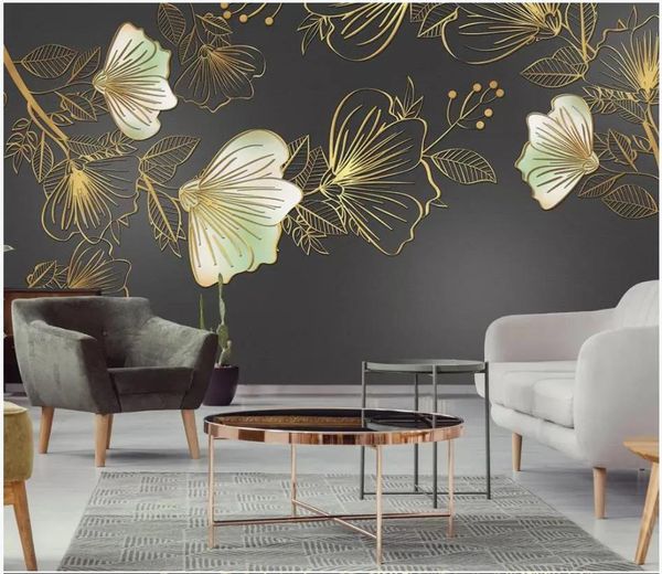 Wallpapers personalizado grande foto mural papel de parede 3d luz moderna luxo linhas douradas em relevo flores mural fundo nórdico papéis de parede ho