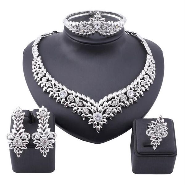 Conjunto de jóias de cristal africano moda conjuntos de jóias indianas festa de casamento nupcial elegante feminino colar pulseira brincos ring184b