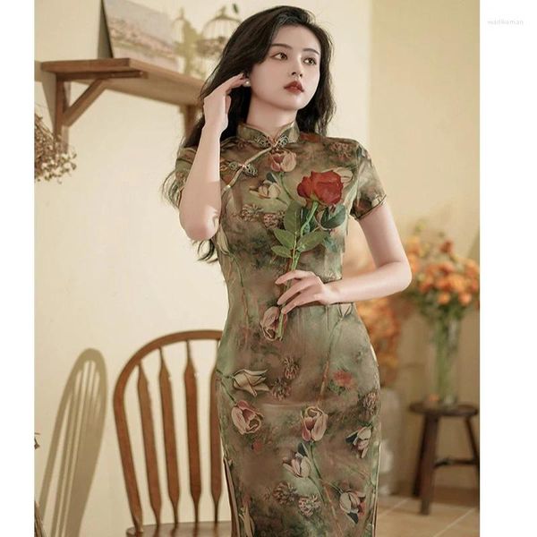 Abiti da festa Abito cinese Donna Temperamento elegante Qipao Moderna giovane donna manica corta fiore stampato sera cheongsam