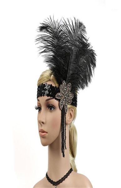 Fascia per capelli da donna anni '20 Copricapo vintage con piume Flapper Grande copricapo Gatsby Accessori per capelli Arco De Cabelo Mujer A811328244