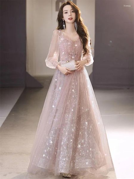 Повседневные платья Розовое платье звездного неба Женская одежда с v-образным вырезом и аппликацией из пайеток Длинная юбка трапециевидной формы Модное темпераментное вечернее платье M163