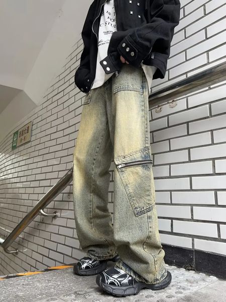 Streetwear bolso design homens jeans calças de carga solta plus size neutro perna larga calças harajuku casual denim calças gótico y2k 231225