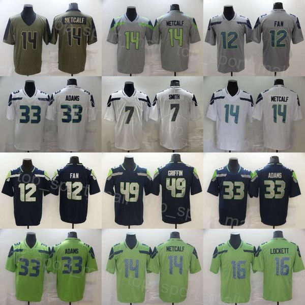 Hommes Football 49 Shaquem Griffin Maillots 16 Tyler Lockett 33 Jamal Adams 14 DK Metcalf 7 Geno Smith 12 12e Fan Vintage Bleu Marine Blanc Gris Vert Cousu Couleur Rush