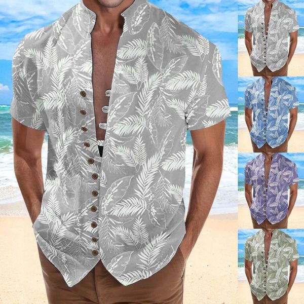 Homens camisetas Beach Holiday Camisa Mens Manguito Botão Stand Collar Masculino Bodysuit Homens De Seda Casual Blusa Pijama Romper