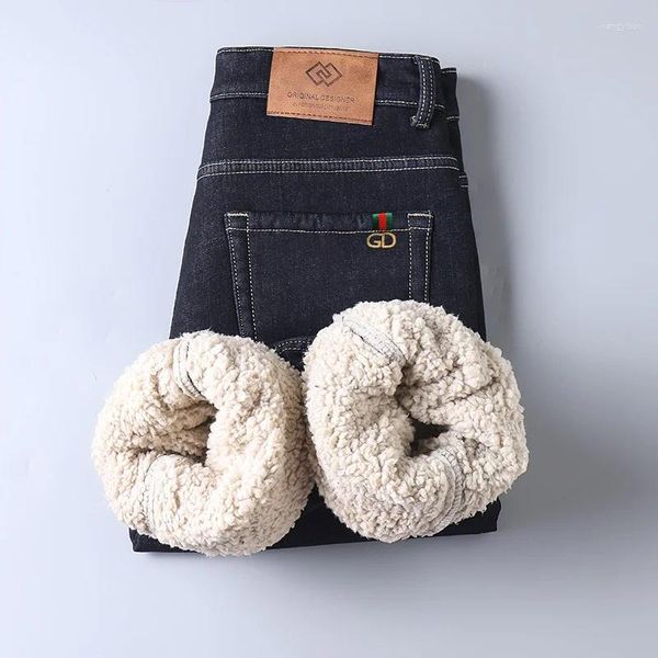 Мужские джинсы, зимние кашемировые ветрозащитные теплые прямые эластичные универсальные модные утолщенные деловые брюки с бархатной подкладкой