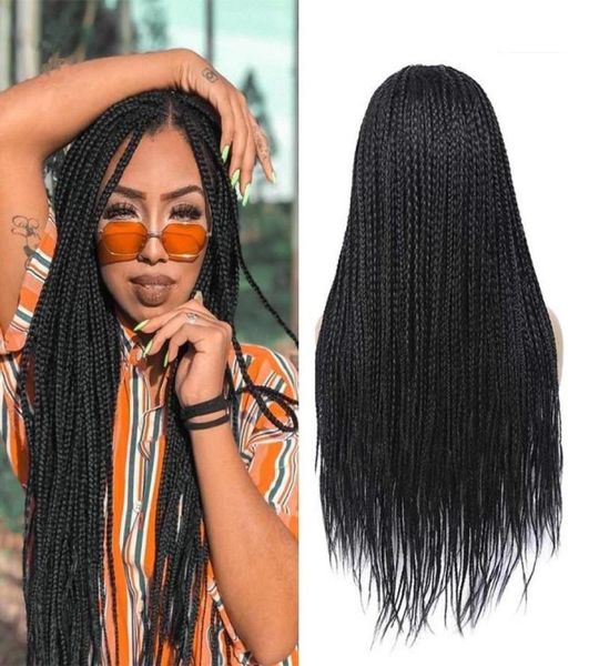 Longo trançado caixa tranças peruca dianteira do laço sintético preto marrom micro trança peruca com cabelo do bebê resistente ao calor afro-americano feminino 4479771