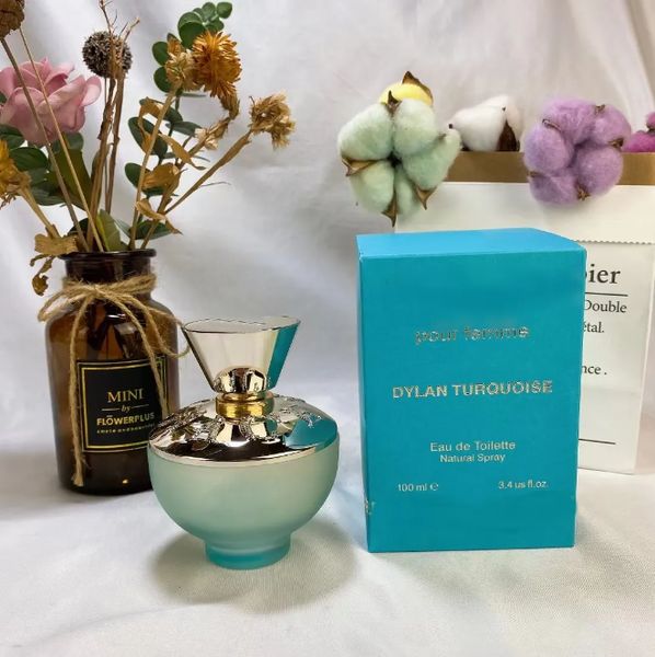 Profumo Dylan Turquoise 100 ml 3,4 once Profumi da donna Pour Femme Fragranza Odore a lunga durata Eau De Toilette Lady Parfum Floreale Fruttato Viola Blu Spray Spedizione veloce